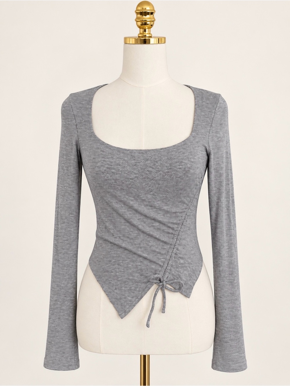 Elodie Gray Square Neck Long Sleeve Ruched Tie Asymmetrical Top